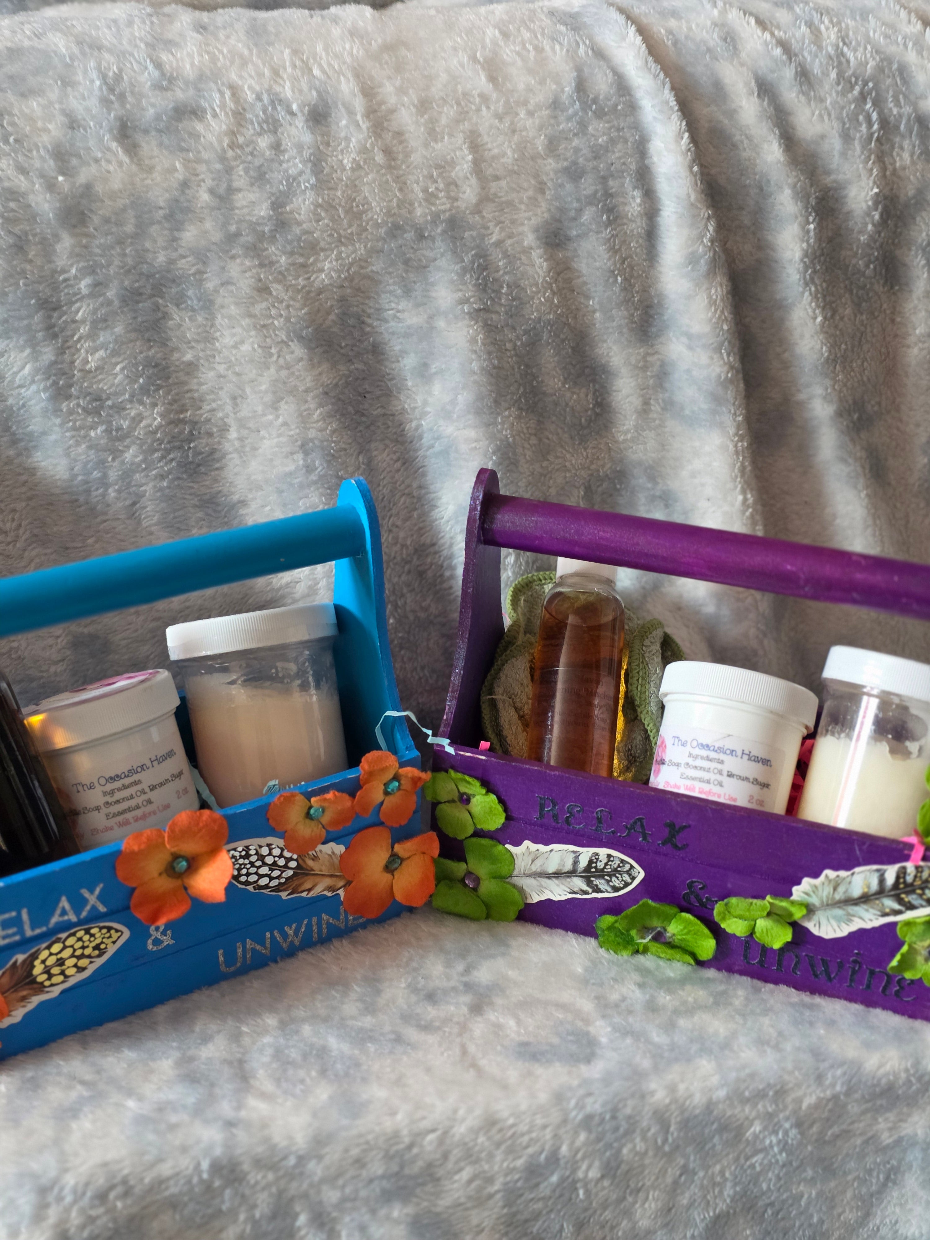 Small purple and blue caddies various items on a textured surface